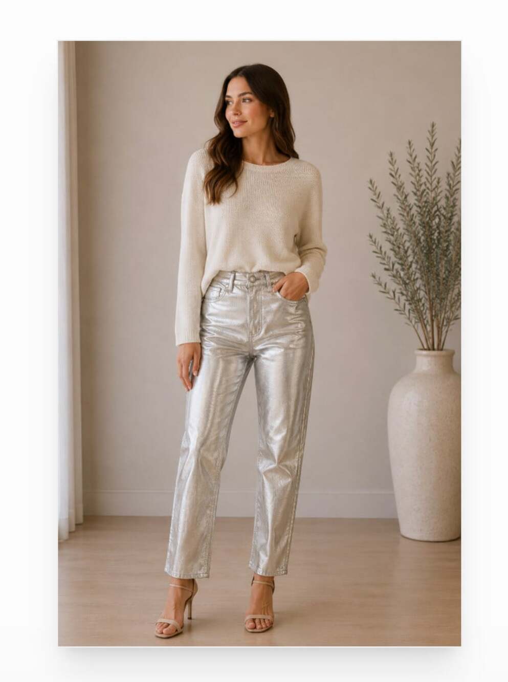 Zara Jeans Womens 4 Silver Metallic Mom High Rise Coated Tapered Denim EU 36
